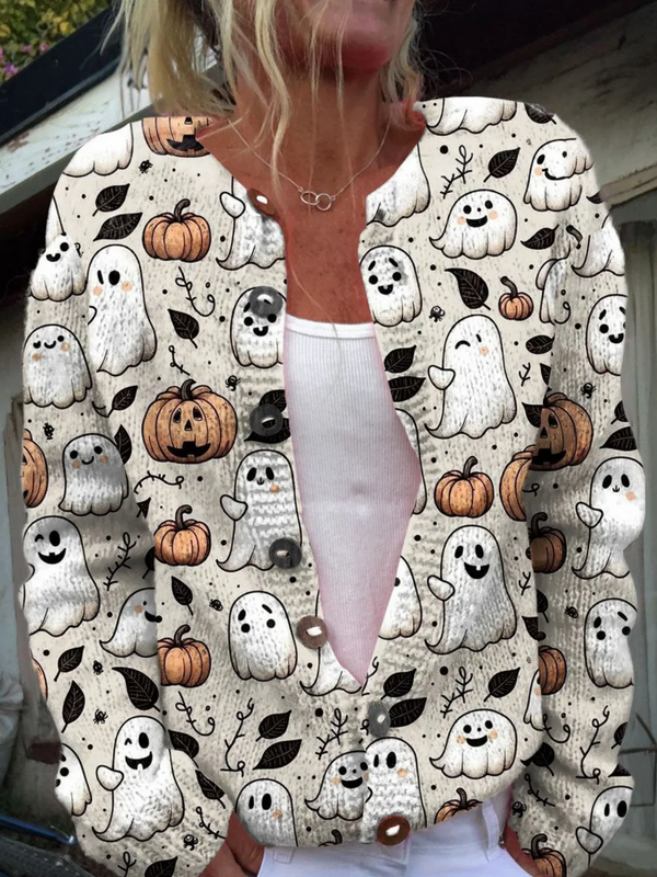 Hauska Kummitus Halloween Taideprintti Napitettu Neuletakki